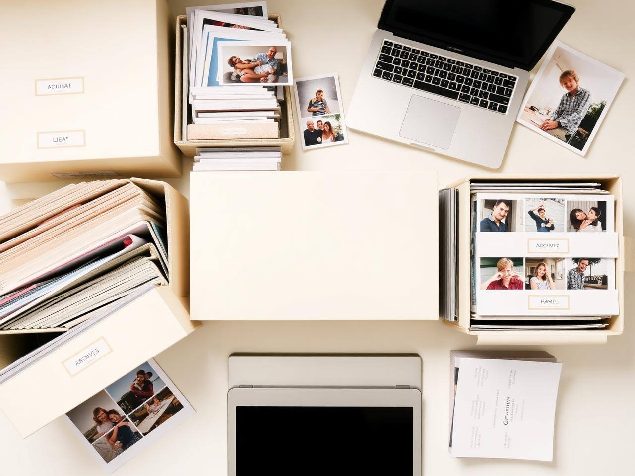 After: photos neatly organized in archival boxes and digital folders