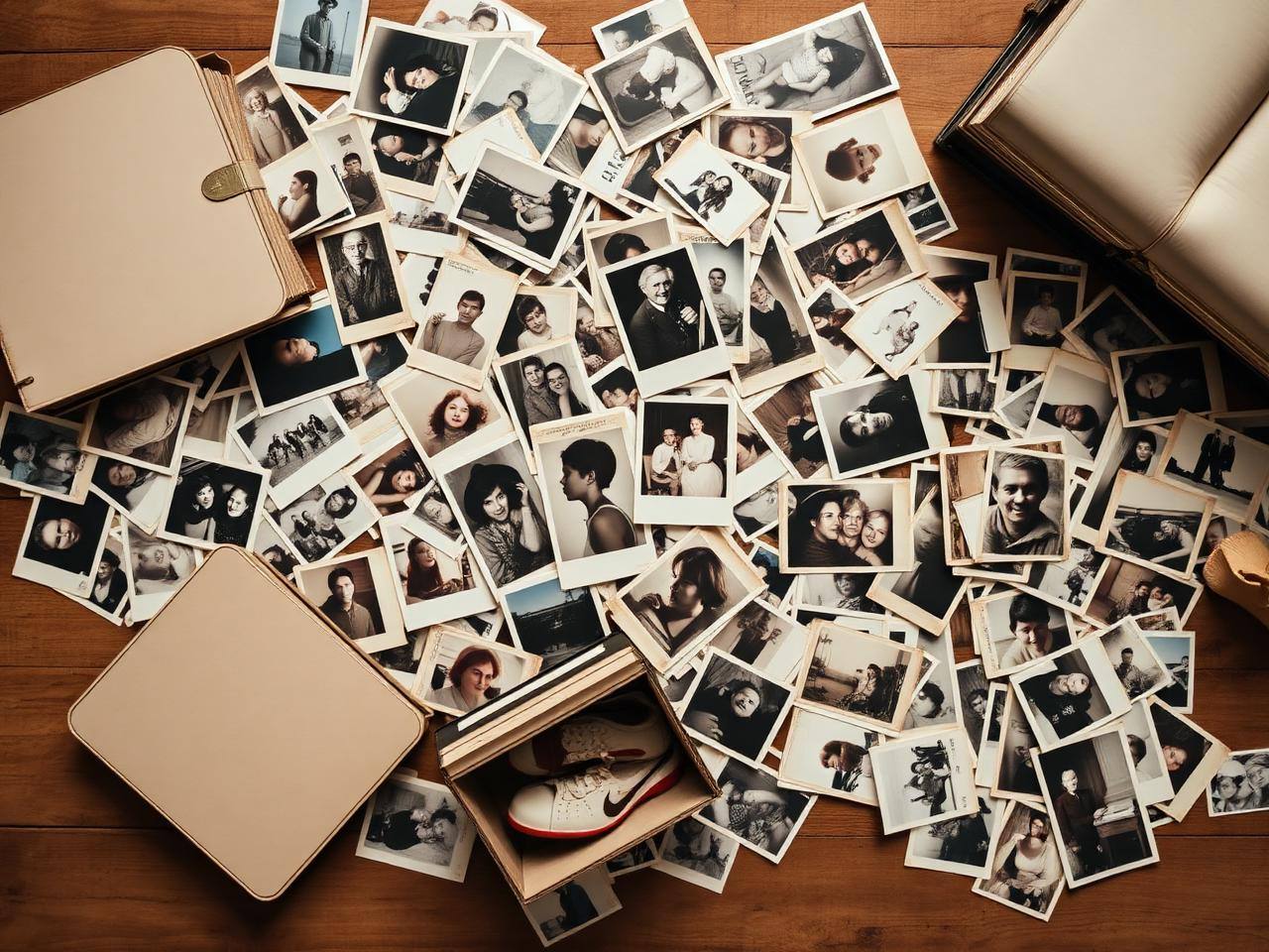 A tabletop overflowing with vintage family photographs and overflowing shoeboxes