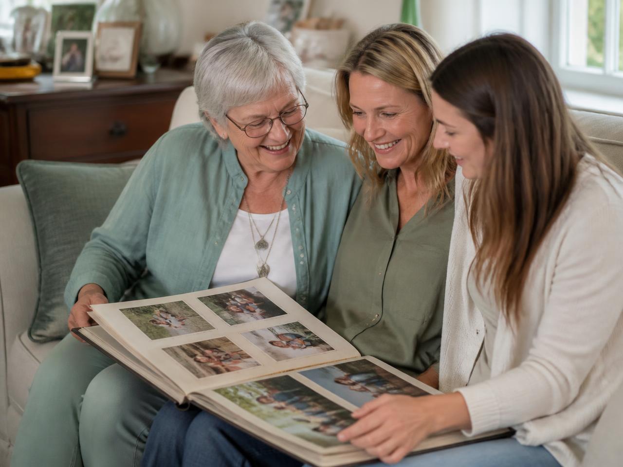 Grandmother, mother and daughter sharing a family photo album together