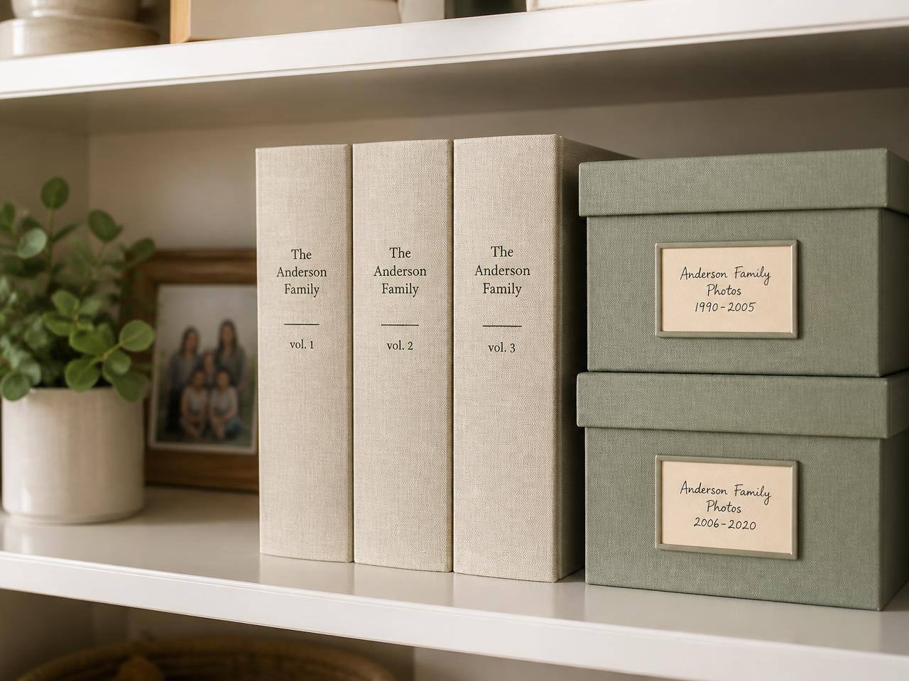Shelf with matching linen family photo books and labeled sage archival boxes after albums were scanned and re-housed