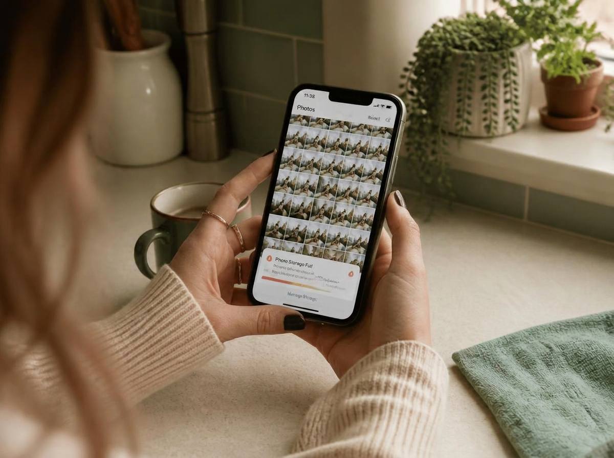 Smartphone photo library crowded with thousands of duplicate snapshots and a storage almost full warning